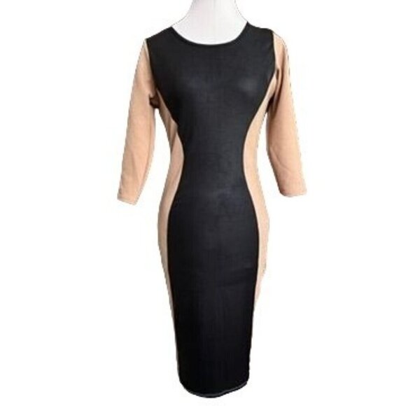 Love Chesley Black & Tan Colorblock Bodycon Dress 3/4 Sleeve Medium Midi Texture - Picture 6 of 9